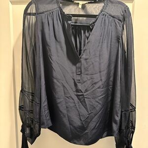 Rebecca Taylor Navy Blouse with Sheer Sleeve and Wrist Tie Detail